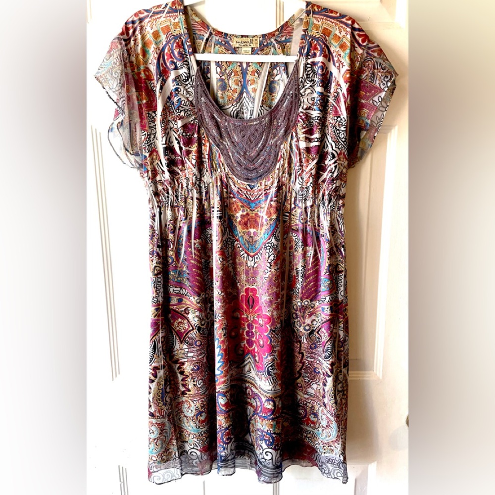 One World Taupe Red Purple Blue Crochet Sequin Neck Boho Print Dress Medium